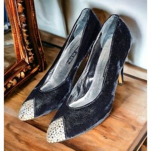 Vtg 80s Anne Klein Italy Black Velvet Rhinestone Toe Dress Pumps Heels Sz 7 1/2